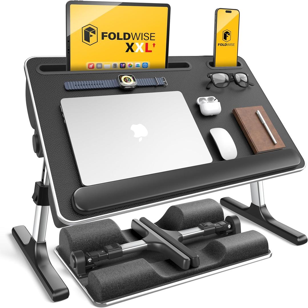 FoldWise 2-in-1 Lap & Bed Desk with Soft Cushions - Adjustable Height & Angle, Foldable Laptop Stand for Bed & Couch - Wrist Rest, iPad Holder, Stopper & Non-Slip Leather - Bed Table for Adults & Kids (Black)