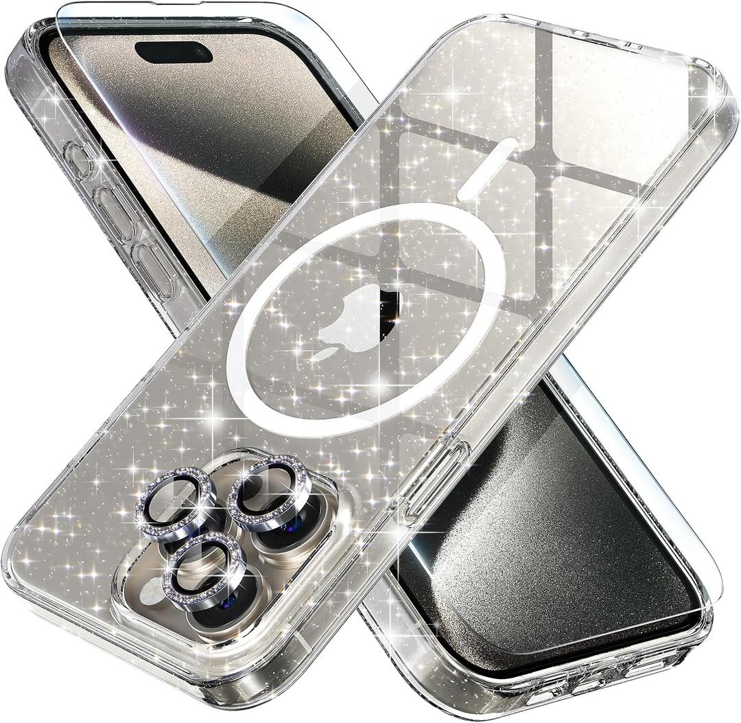 Choiche for iPhone 15 Pro Case Magnetic, Women Clear Glitter Bling Sparkly Case, [3xDiamond Camera Lens Protectors] [2xTempered Glass Screen Protectors] [Compatible MagSafe] (Glitter Clear)