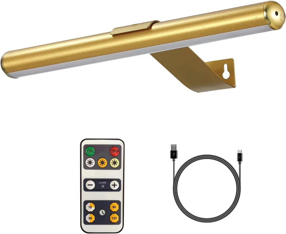 Wireless Picture Light Battery Operated,Rechargeable Painting Light with Remote Control, Metal Art Display Lamp,3 Modes,Dimmable Dartboard Light with Timer for Frame Gallery,300LM, Gold