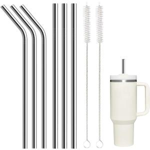 6 Pack Stainless Steel Straw Replacement 40 oz and 30 oz for Stanley Tumbler3 Straight+3 Bent Reusable Straws with 2 Cleaning Brush Compatible with Stanley 40oz Stanley Cup Tumbler