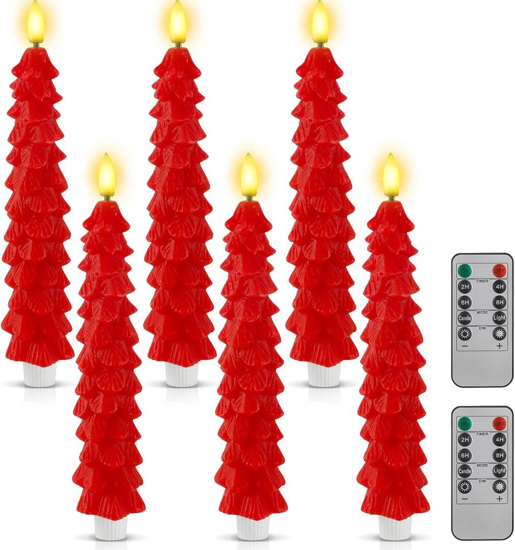 Funtery 6 Pcs LED Christmas Tree Flameless Taper Candles Real Wax Battery Operated Candlestick Lights with 3D Flame and Remote Timer Window Fireplace(Red,Christmas Tree)