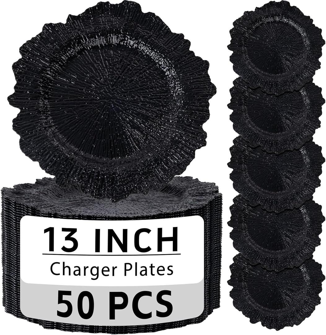 ejonirinjonir 50 Black Chargers Bulk for Wedding Dinners 13" Reef