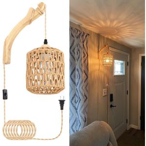 Frideko Rattan Wall Lamp with Plug in Cord Hand Woven Plug in Wall Sconces Paper Rope Wall Light Farmhouse Wall Sconce Wall Mounted Light Boho Wall Sconces Wall Lighting for Bedroom Living Room
