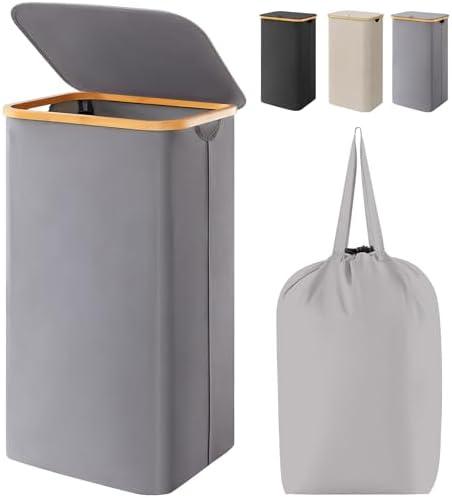 Lifewit 100L Laundry Basket with Lid, Clothes Hampers for Laundry with Bamboo Handles and A Removable Bag, Large Foldable Laundry Hamper for Bedroom, Bathroom, Dorm, Laundry Room, Gray