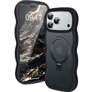 [Cute Wave Frame+Mag Stand] Designed for iPhone 17 Pro Max Case, [Fit for MagSafe] Translucent Silicone Protective Magnetic Ring Phone Case Cover for iPhone 17 Promax 6.9 inch Men Women, Black