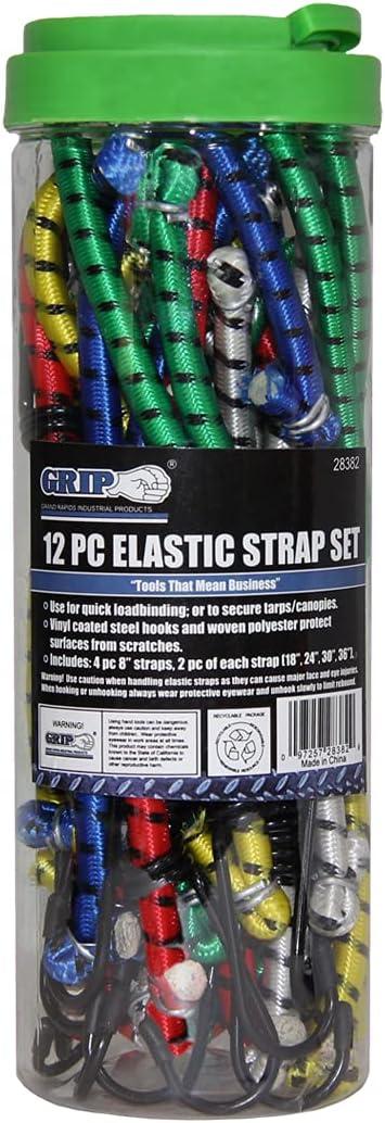 Grip 12 pc Elastic Strap Tie Down Set - 8", 18", 24", 30", 36" - Quick Load Binding - Secure Tarps/Canopies - Vinyl Coated Steel Hooks and Woven Polyester - Home, Garage, Workshop