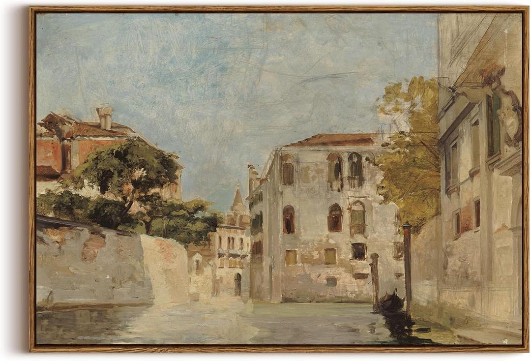 KISSFOX Vintage Venice Canal Canvas Wall Art Impressionist Retro Neutral Italy Cityscape Landscape Framed Wall Art Prints Artwork For Living Room Bedroom Kitchen (24x36 in)