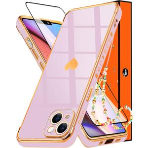 Likiyami (2in1 for Apple iPhone 14 Plus Case Heart Women Girls Girly Cute Luxury Pretty Aesthetic Trendy Phone Cases Purple Lavender and Gold Love Hearts Cover+Screen+Chain for iPhone 14 Plus 6.7"