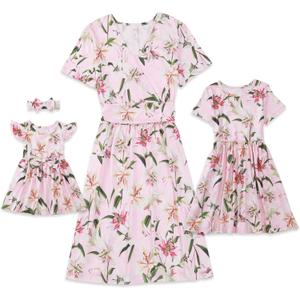 Mommy and Me Floral Dresses Mother Daughter Matching Short Sleeve Tshirt Midi Dress Crew Neck Outfits with Pockets (Large, Pink)