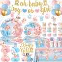 Teddy Bear Gender Reveal Decorations, 182Pcs Boy or Girl Gender Reveal Decorations Include Pink Blue Bear Plates Napkins Tablecloth, He Or She Party Supplies for Baby Shower, Serve 24