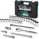 DURATECH 1/2" Drive Socket Set, 33-piece, Including Metric/SAE Sockets, 1/2-Inch Ratchet, Breaker Bar and Socket Adapters