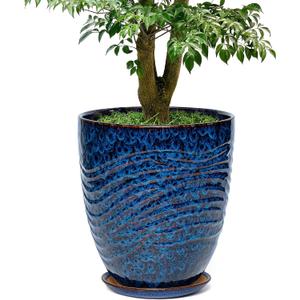 11.8 Inch Modern Ceramic Plant Pot with Saucer, Flower Pot with Drainage Hole Mesh Net,Indoor Outdoor Planter (Speckle Blue)
