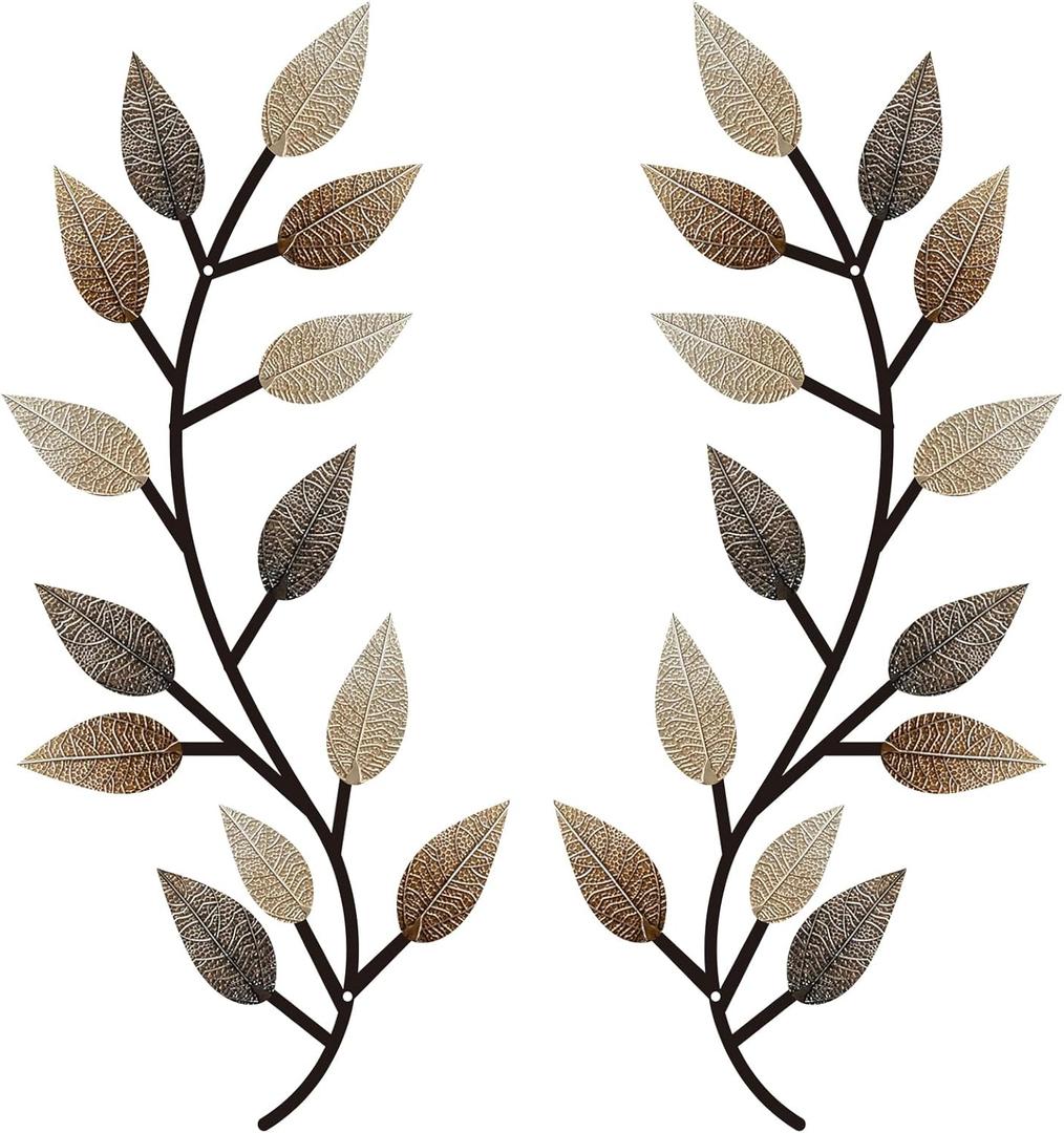 Zhengmy 2 Pieces Metal Tree Leaf Wall Decor Vine Olive Branch Leaf Wall Art Living Room, Hallway Wall Decor Outdoor Decoration(Vintage Brown)