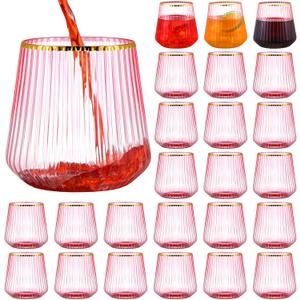 24 Pcs Wedding Pink Plastic Wine Glasses Ribbed Disposable Wine Glasses Unbreakable Stemless Champagne Whiskey Cups Cocktail Plastic Cups for Bridal Shower Engagement Party (12 oz,Gold rim)