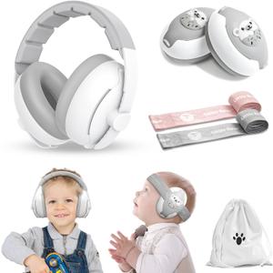 Baby Ear Muffs, 2-in-1 Baby Noise Canceling Headphone, Hearing Protection for Babies 0-48 Months, Adjustable Headband (White)