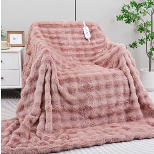Heated Blanket Electric Throw- 50"x60" Soft Thick Bubble Electric Blanket for Sofa with 5 Heat Levels & 4 Hours Auto-Off Overheat Protection, Warm Cozy Gifts, Pink