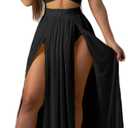 Women Sexy 2 Piece Outfits Dress Chiffon Strap Deep V Neck Bra Crop Top High Split Maxi Dresses Skirt Set (Black, XS)