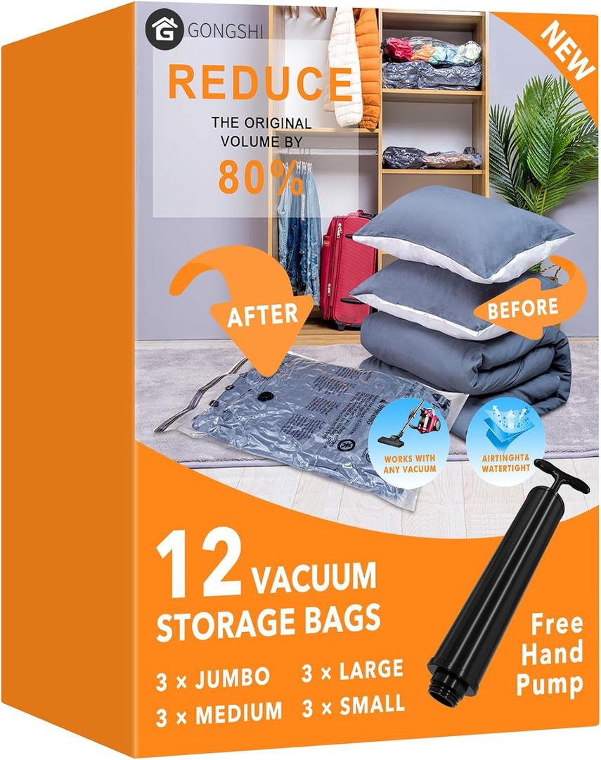 12 Pack Vacuum Storage Bags (3 Jumbo, 3 Large, 3 Medium, 3 Small),Plastic Packaging Bags,Space Saver Sealer Compression Bags with Travel Hand Pump for Blankets, Comforters, Pillows, Clothes Storage (12 Combo)