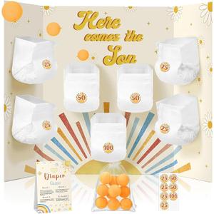 Ctosree 31 Pcs Here Comes the Sun Theme Baby Shower Diaper Game 1 Diaper Baby Shower Game Board 7 Diapers 10 Plastic Balls 1 Organza Bag for Bridal Games Boy Girl
