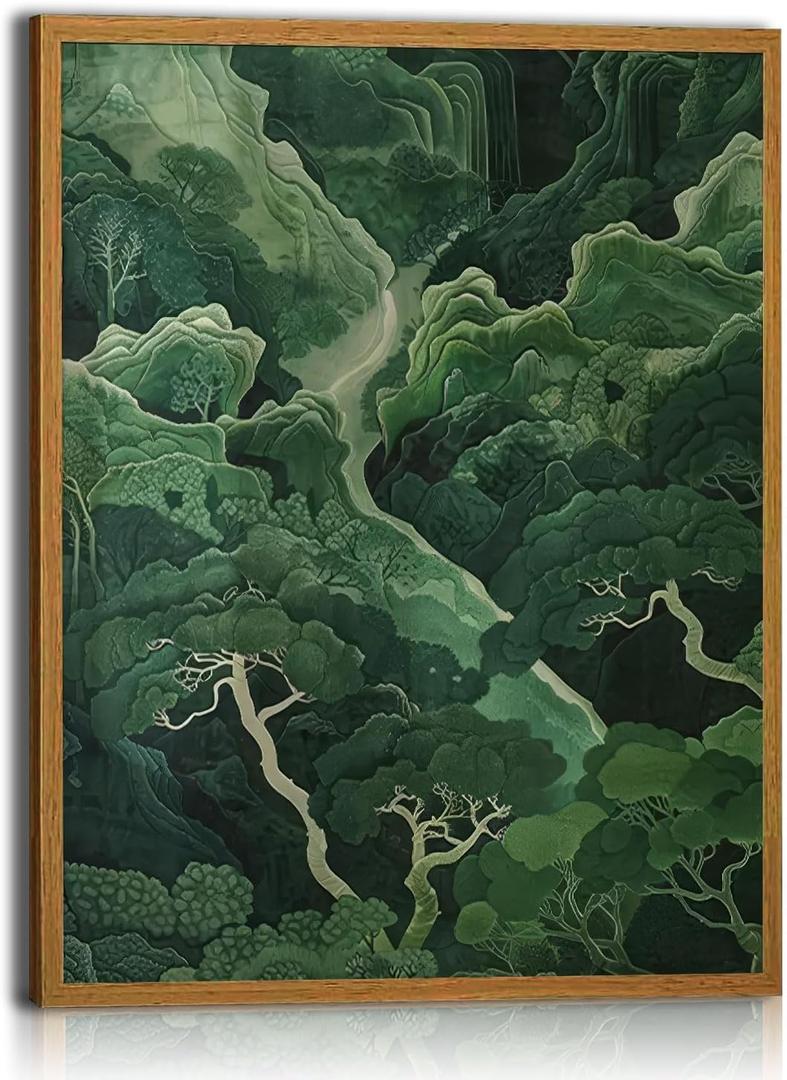 Framed Canvas Painting Wall Art Oriental Forest Landscape Print Poster Green Nature Gallery Picture Home Decor Canvas Landscape Painting Poster 12x16 Inch Ready To Hang
