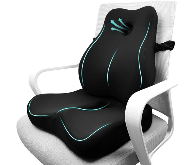 JIPORIER Seat Cushion & Lumbar Support Pillow Set for Office Chair, Ergonomic Pillow for Sciatica Pain Relief, Memory Foam Back Support Pillow & Chair Cushion for Car seat, Desk Chair (Black)