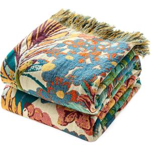 MSGKV Boho Throw Blanket for Couch 50"x60" 100% Cotton Vine Embroidery Blanket Bed Chair Sofa Blankets Muslin Spring Breathable All Seasons Lightweight Farmhouse Blankets Home Decor