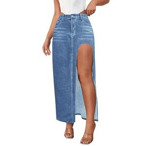 CHARTOU Women's Sexy High Split Slim Fit Maxi Long Pencil Denim Jean Skirt (Large, Dark Blue)