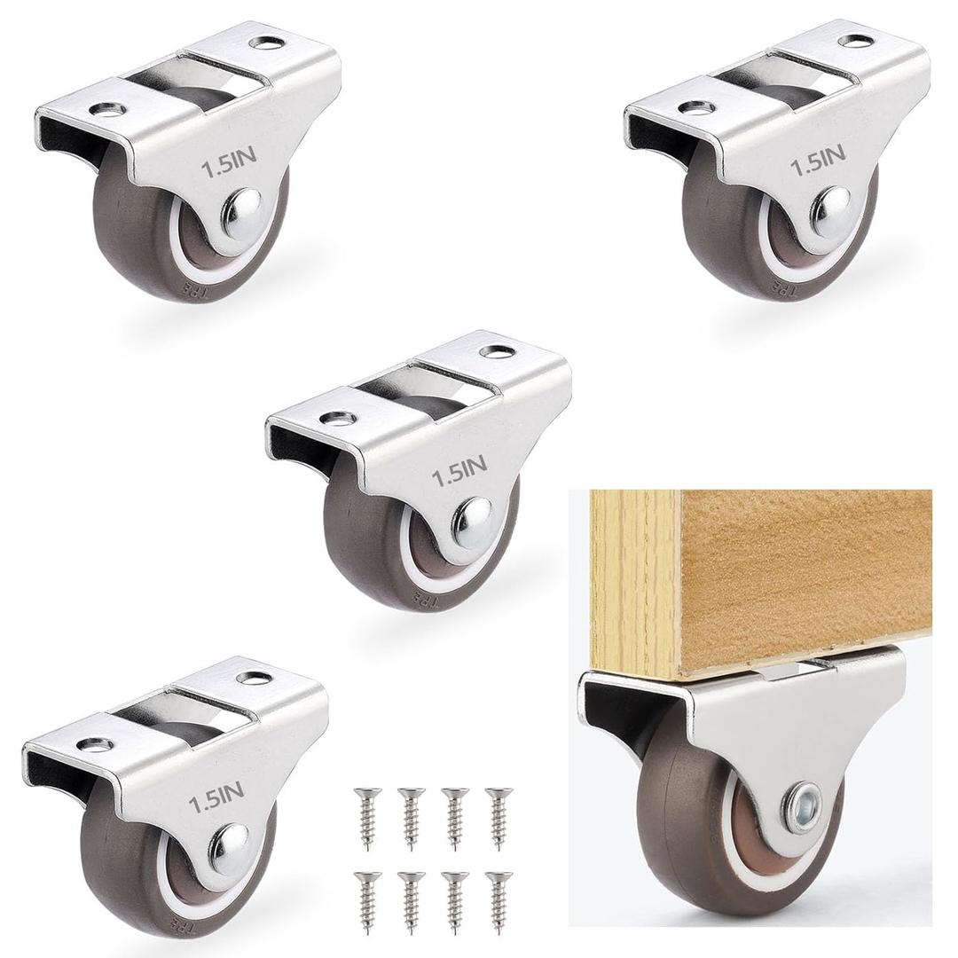1-1/2 Inch Fixed Caster Wheels Set of 4, Heavy Duty Industrial Casters, Silent Rigid Plate Casters, Furniture Casters for Hardwood Floors, Load Capacity 200 Lbs, Non Swivel