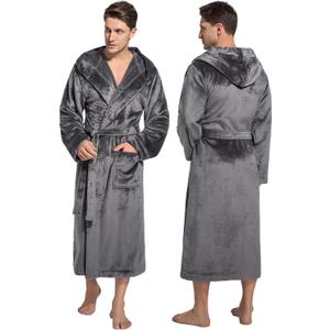 ToastyLife Mens Hooded Robe Ultra Soft Fluffy Flannel with Big Pockets Fleece Plush Luxurious House Coat Calf Length Cozy Warm Bathrobe (Dark Grey, XL)