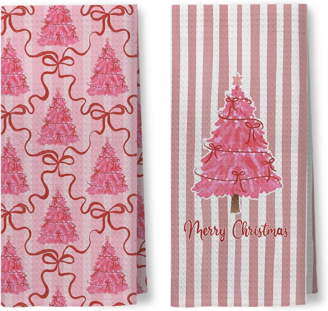 Pink Merry Christmas Tree Kitchen Towels, Coquette Christmas Tree Hand Towels for Bathroom, Preppy Pink Xmas Striped Holiday Dish Tea Towel for Kitchen Decor, 16x24 Inch Set of 2 (Color 17)