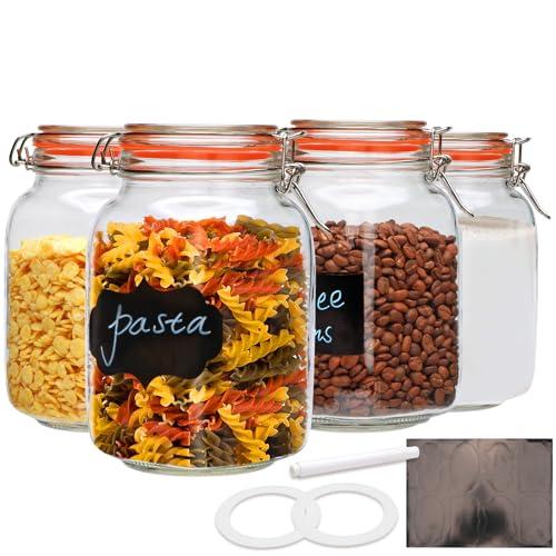 Encheng 50oz Glass Jars with Clamp Lids, Set of 4, 1500ml Square Wide Mouth Mason Jars with Airtight Lids, Large Glass Storage Container with Clip Lids for Kitchen, Flour, Pasta, Beans
