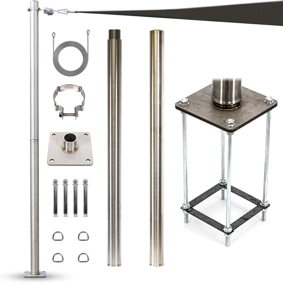 Royal Shade 8ft Stainless Steel Pole, Heavy Duty with Base Plate & Height Adjustable Mounting Clamp T - Easy Installation Sun Shade Sail Post, Canopy Pole, Fence Post - Outdoor, Garden, Backyard