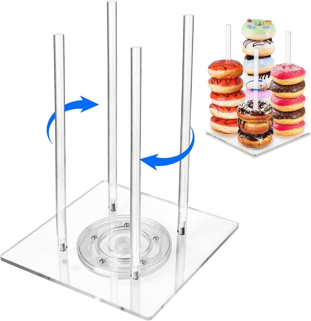 Acrylic Donut Stand with Lazy Susan Turntable Tower, Rotating Bases and 4 Support Rods, Ideal for Dessert Table, Birthday, Wedding, Baby Shower, Party(1 Pack)