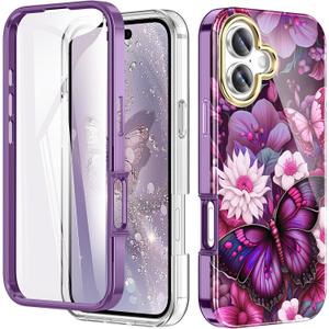 Cute Flower Case for iPhone 17 6.3 inch Built with Screen Protector, Lightweight and Stylish Full Body Shockproof Protective Rugged TPU Case for Women/Girls-Butterfly