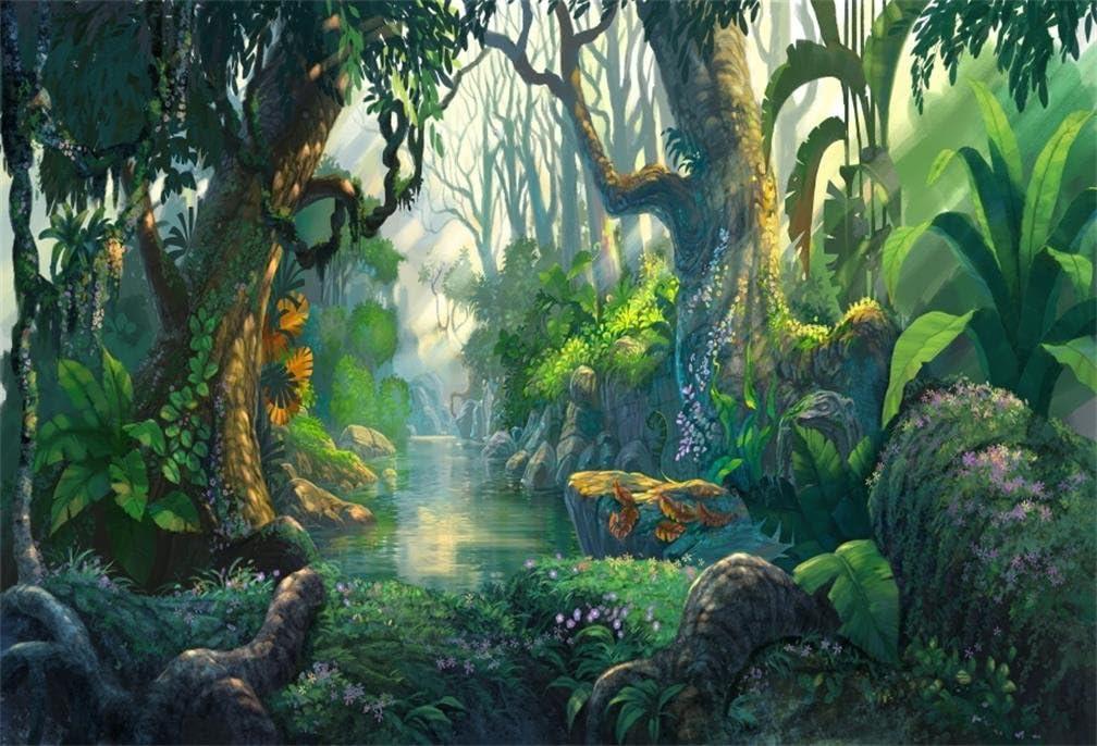AOFOTO 7x5ft Fantastic Jungle Backdrop Cartoon Fairy Tales Forest River Tropical Rainforest Background Thicket Adventure Camping Safari Party Decorations Banner Kids Child Photoshoot Studio Props