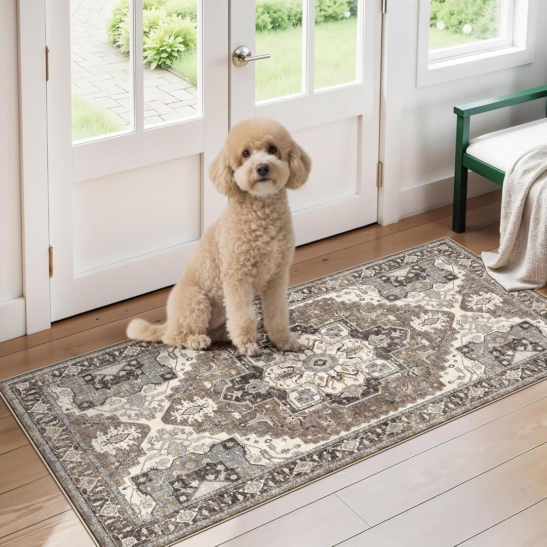 RUUGME Entryway 2x4 Runner Rug: Washable Vintage Rugs Low Pile Lightweight Stain Resistant Carpet for Kitchen Bedroom Non-Slip Soft Thin Floor Mat for Bathroom Laundry Room (Beige,2x4)