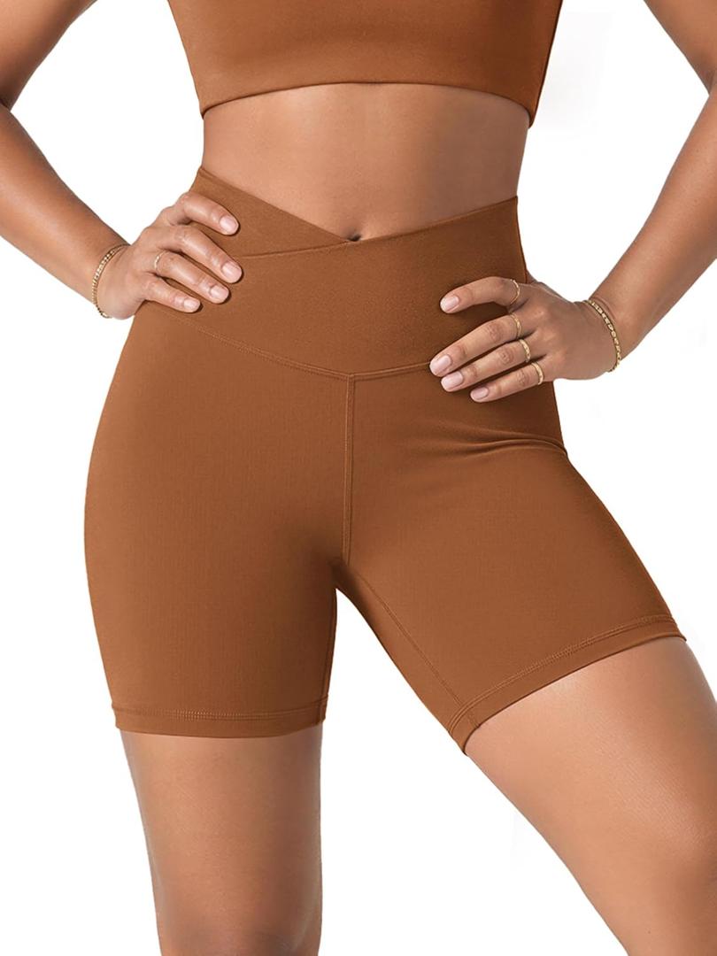 ODODOS Women's Crossover Yoga Shorts with Back Pocket, 6" Buttery Soft V High Waist Lounge Biker Shorts, Caramel, X-Small (XS)