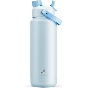 POWCAN 32 oz Insulated Water Bottle with 2-in-1 Straw and Spout Lid, Keep Cold 24H, Leak-Proof, BPA-Free, Double Wall Stainless Steel Water Bottle for Sports, Gym, Travel, and School (Sea Breeze)