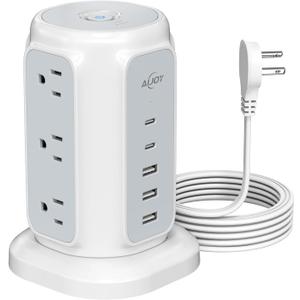 AiJoy Flat Plug Power Strip Tower 9 Outlets and 5 USB Ports (2 USB-C), 1200J Surge Protection, 6.5ft 1625W Extension Cord Charging Station for Home, Office Supplies, Dorm Essentials,  A-White
