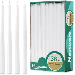 Hausware 36 Pack Taper Candles, 8 Hour Burn Time,Unscented Dripless and Smokeless, 10 inch Elegant Premium Quality Dinner Candle for Home Dcor, Restaurant, Wedding, Party Candlesticks (White)