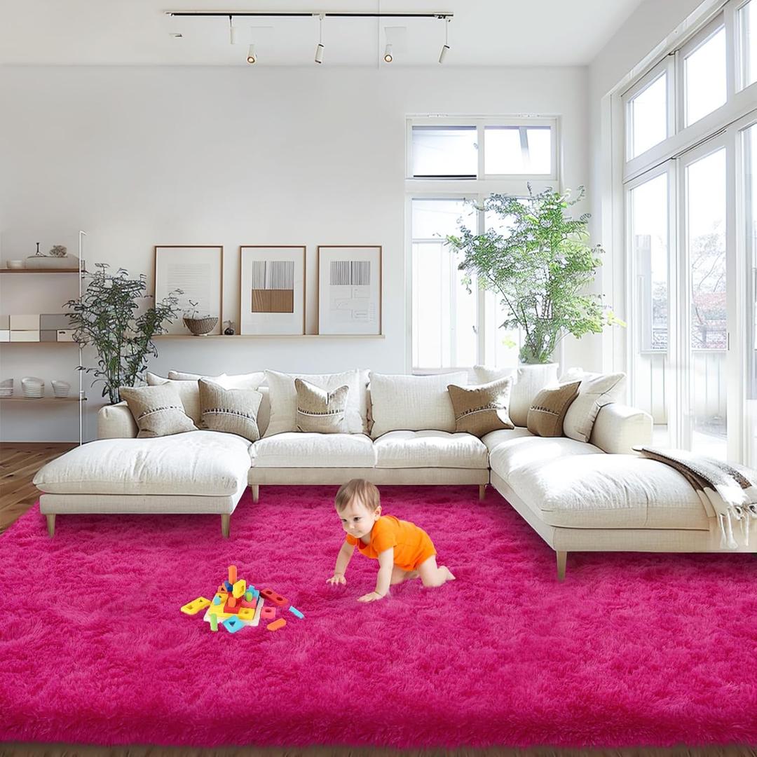 Area Rugs 9x12 Living Room, Large Fluffy Area Rugs for Bedroom, Soft Carpet Shag Kids Room Rug, Non-Slip Fuzzy Rugs Indoor (Hot Pink, 9ft x 12ft)
