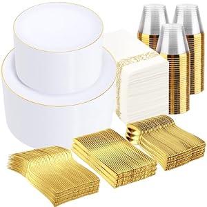 Supernal 700PCS Gold Plastic Dinnerware Set - Includes 100 White and Gold Plates Disposable, 100 Dessert Plates, 100 Plastic Silverware Set, 100 Cups 9 OZ, 100 Napkins Ideal for Wedding Party Birthday