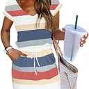 Women's Summer Dress Lantern Sleeve Square Neck Tie Front A-Line Double Layer Hem Mini Dresses, Large