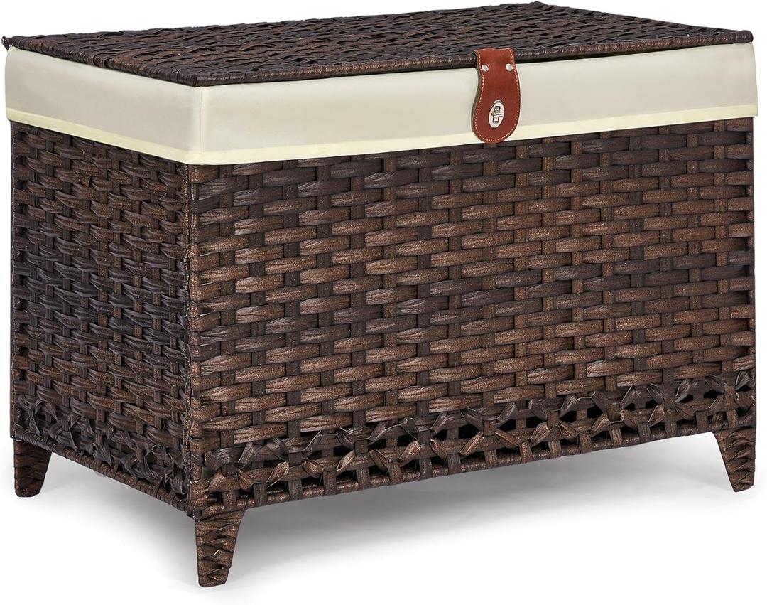 Wicker Storage Basket with Lid,Rattan Shelf Basket with Removable Liner Bag,65L Storage Bin,Storage Trunk with Heightened Feet,Storage Container for Wardrobe,Home Organizer (13.4 x 21.9 x 15.76 Inches, Brown)