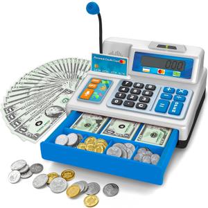 Calculator Cash Register - 103 Pcs Toy Cash Register, Store Set with Microphone, Credit Card and Banking for Kids, Early Math Skills Toys Gifts for 3, 4, 5, 6 7 8+ Years Old Boy Girl