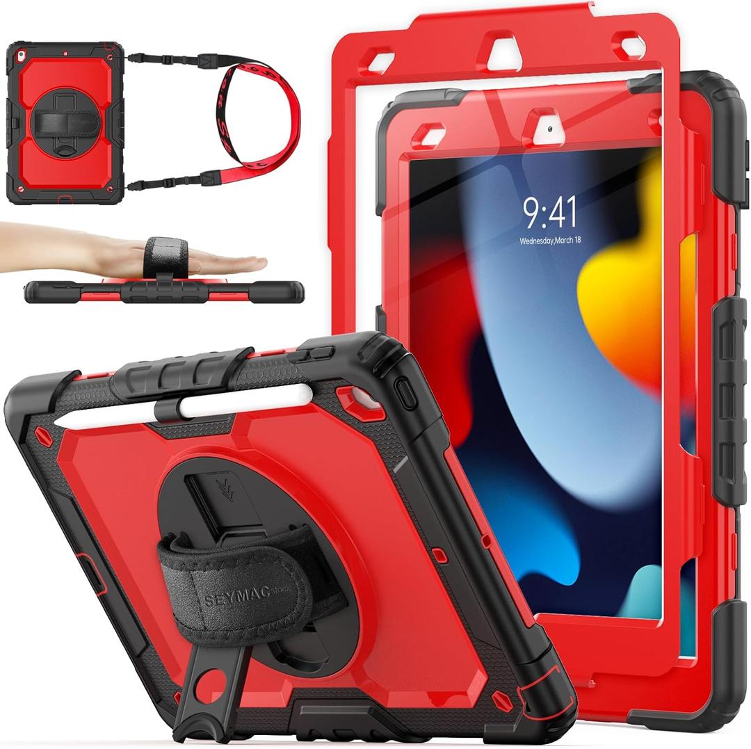 SEYMAC stock Case for iPad 9th/ 8th/ 7th Generation 10.2'', Shockproof with Screen Protector, Pencil Holder [360 Rotating Hand Strap] & Stand, for iPad 10.2 inch 2021-2019 (Red+SiliconeBlack)