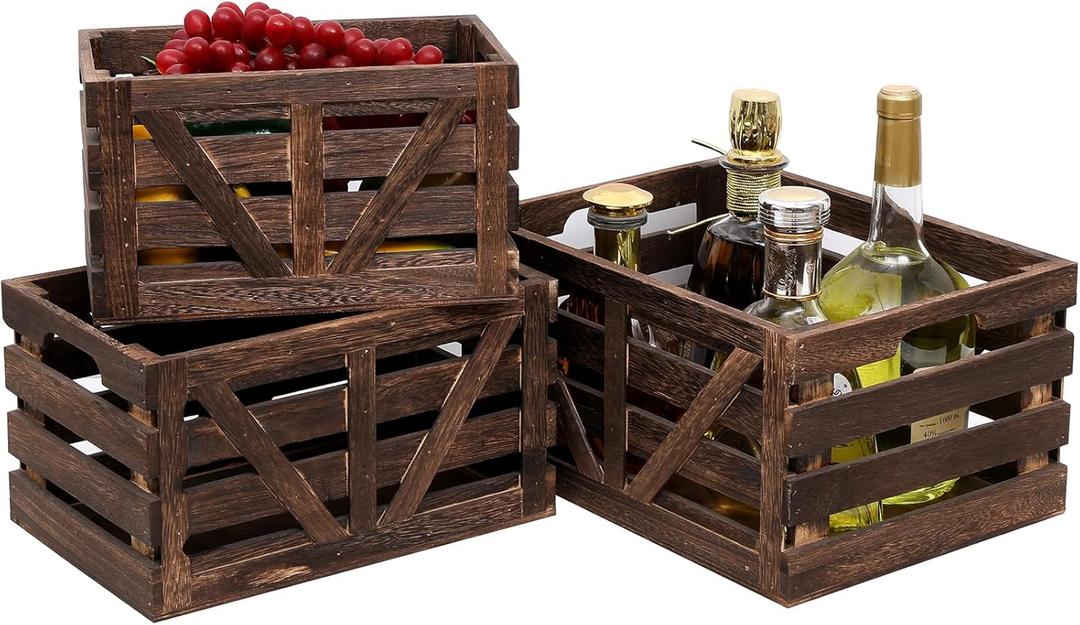 Storage Crate Decorative Wood Crates Wooden Storage Container,Wooden Boxes for Home Nested Crates with Handles,Farmhouse Wood Crates for Storage,Display,Brown Set of 3(Large,Medium,Small)