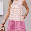 Wenrine Womens Striped Sweatshirt Dress Casual Sleeveless Crewneck Constrast Patchwork Loose Tank Mini Dresses (Pink, S)
