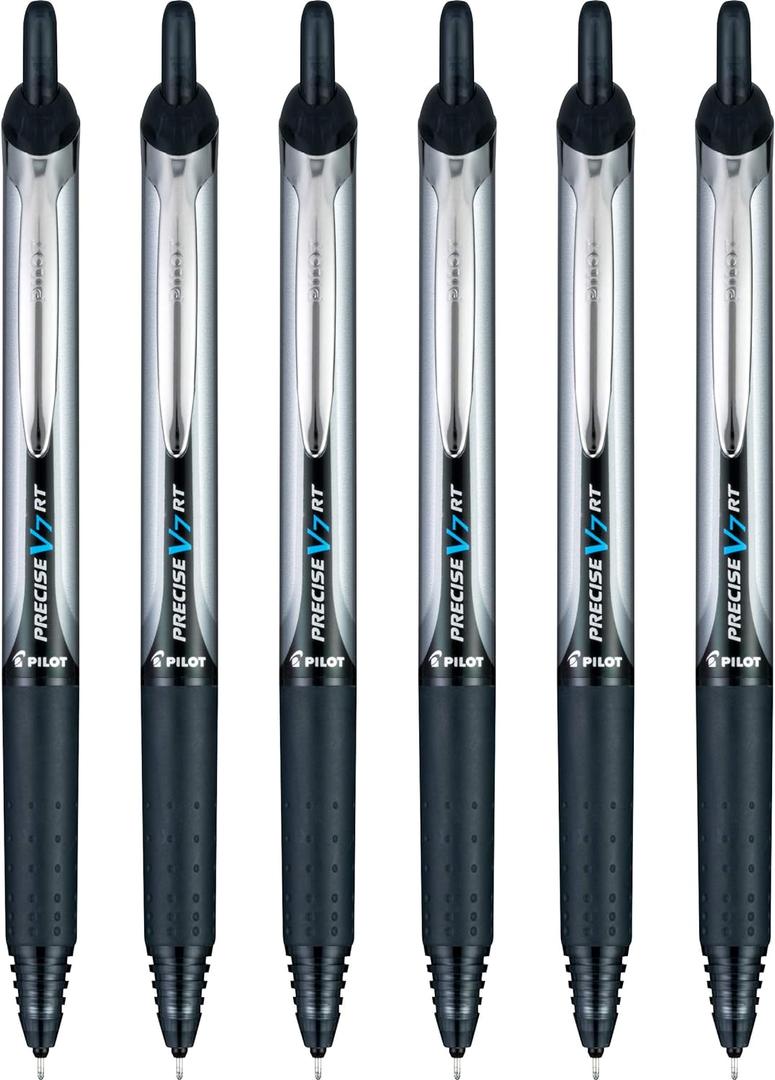 Pilot Precise V7 RT Refillable & Retractable Liquid Ink Rollerball Pens, Black Ink Pens, Fine Point (0.7 mm), 6-Pack - Ideal for School, Journaling, and Office Writing