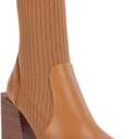 Womens Chunky Stacked Heel Ankle Boots Pointed Toe Booties Slip On Ribbed Knit Sock Boot (11, Light Brown)